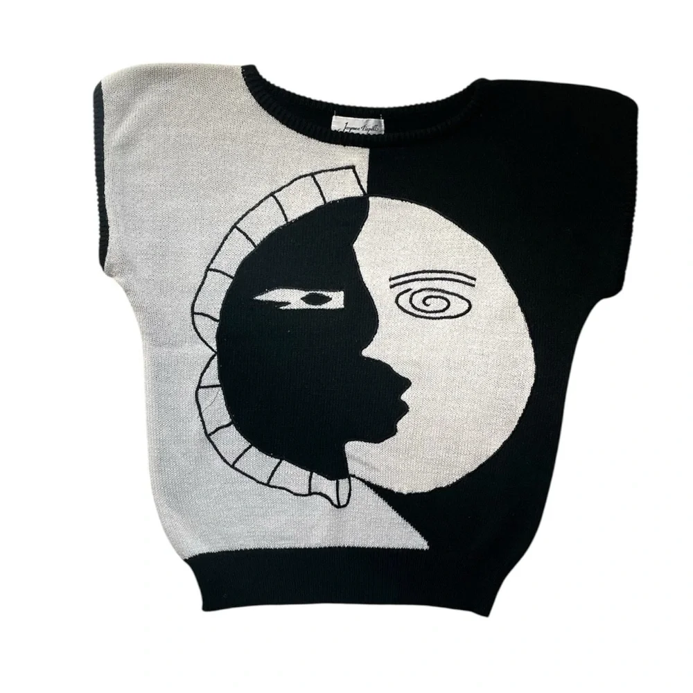 Vintage Jaymee Papell abstract two face moon acrylic black and white sweater top - Picture 1 of 14